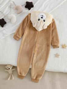 Young BoyAutumn/Winter Bear Embroidery Graphic Khaki Minimalist Plush Hooded Long Sleeve Jumpsuit Pajamas, Home Wear - Khaki - View 2