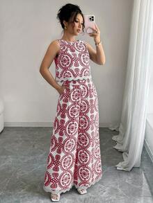 Chiquease 2 件套女士植物印花圆领无袖上衣和阔腿裤套装，度假装