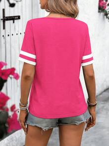 SHEIN LUNE Women's Summer Casual Short Sleeve Tee With Contrast Color V-Neck Design Graphic Tees Women Tops - Hot Pink - View 2