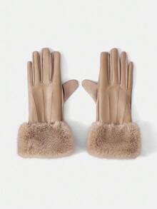 Khaki Thickened Warm Five-Finger Leather Gloves, Autumn/Winter - Khaki - View 4