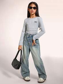 Radiana Tween Girls Y2k Fashion Casual Vintage Blue Denim Diagonal Waist Design Loose Comfortable Jeans For Girls Costume Dailywear And The Four Seasonsr Tween Girl Clothes - Blue - View 6