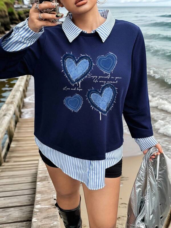 Veykashi Damen Große Größen Sweatshirt mit Slogan, Herz Grafik, gestreiftem Patchwork, umklappbarem Kragen und langen Ärmeln, lässig und locker
