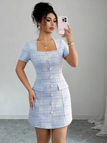 Elenzga فستان أنيق ذو ياقة مربعة وأكمام قصيرة وأزرار أنيقة للسيدات بنمط مربعات