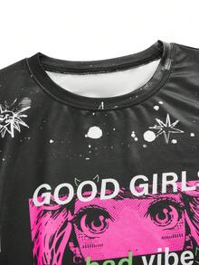 Shutterstock Y2Kool Women's Round Neck Drop Shoulder Short Sleeve Casual Summer Mini Dress Stylish Clothing Collection New Year Outfits Gyaru Graphic Dress Black Dress - Black - View 5