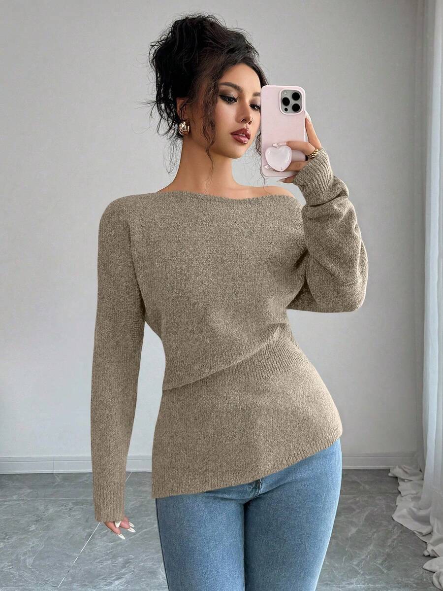 Elenzga Women's Solid Color Oblique Shoulder Long Sleeve Casual Sweater, Autumn/Winter - Khaki - View 1