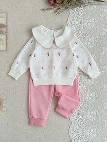 SHEIN 2baby Girl Winter & Autumn Clothing Back To School Season 3M-3Y White Casual Floral Print Collar Long Sleeve Top Button Front Elastic Waist Pink Comfortable & Soft Fashionable Daily Wear Suitable For Winter & Autumn Outdoor Wear Ideal As A Gift Daily Outfit - Multicolor - View 4