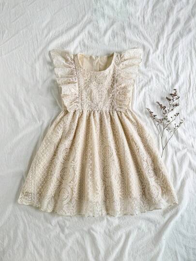 SHEIN Vintaside Kids Girls Apricot Sweet Dreamy Sleeveless Double Layer Mesh Dress, Round Neck Design, Lively & Cute, Lightweight & Flowing, Suitable For Outings, Photo Shoots, Birthday Parties To Display Princess Style, Comfortable & Stylish For Leisure Time At Home