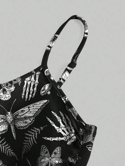 Goth Gothic Dark Skull,Ruchedd Floral, Mushroom, Sun & Moon Print A-Line Dress For Women