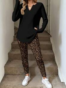 EMERY ROSE Bộ 2 áo thun tay dài màu đen cỡ lớn cho nữ và quần legging họa tiết da báo, trang phục đa năng cho mùa thu/đông - Nhiều màu - Xem 4