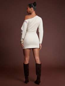 Hauture 女士时尚性感纯色褶饰不对称肩部迷你连衣裙 - 杏色 - 查看 5