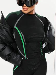 Seamluxe SHEIN Sport 女士撞色运动滑雪服套装，紧身保暖内衣滑雪服 - 黑色 - 查看 5