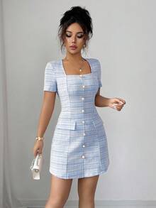Elenzga فستان أنيق ذو ياقة مربعة وأكمام قصيرة وأزرار أنيقة للسيدات بنمط مربعات