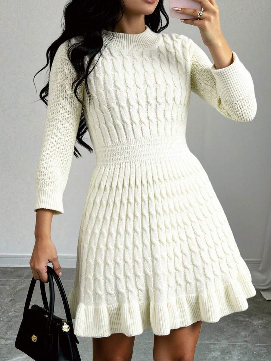 Sparklyn 女式扭绳长袖圆领荷叶边下摆泡泡袖针织连衣裙，修身中长款针织毛衣裙，秋冬 - 白色 - 查看 1