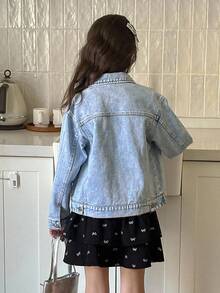 SHEIN 复古水洗少女休闲宽松百搭牛仔夹克和外套，可爱贴袋设计，百搭日常穿着