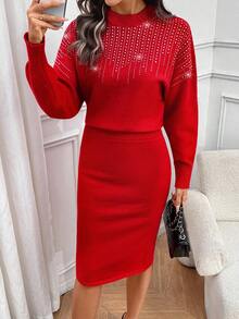 SHEIN LUNE 2pcs/Set Sweater Lengan Kelelawar Berhiaskan Rhinestone dan Rok Bodycon Wanita, Merah Natal, Tahun Baru - Merah - View 6