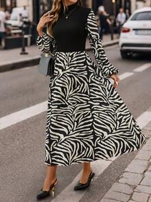 SHEIN Clasi 女式立领灯笼袖斑马纹拼接优雅连衣裙 - 黑與白 - 查看 7
