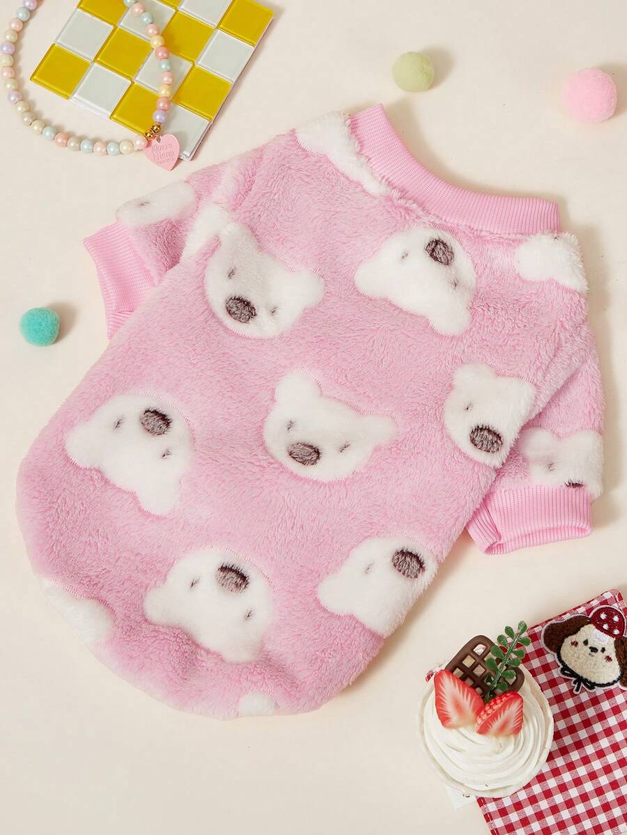 PETSIN 1件宠物猫狗通用经典熊时尚可爱图案印花毛绒保暖弹力舒适狗狗圆领 - 彩色 - 查看 1