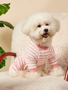 PETSIN 1件装宠物猫狗通用粉色条纹经典时尚秋冬毛绒保暖舒适圆领狗狗连体衣 - 彩色 - 查看 2