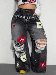 ROMWE Street Life Spring/Summer Y2K Casual Street Style Embroidered Pocket Design Dual Waistband Plus Size Loose Fit Denim Jeans - Black - View 1