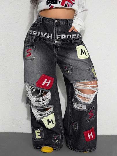 Street Life Lässiger Y2K-Streetstyle, besticktes Taschendesign, doppelter Bund, Übergröße, lockere Passform, Jeans