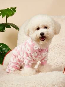 PETSIN 1pc Pet Cat Dog Universal Pink Leopard Print Cute And Fashionable Autumn And Winter Plush Warm And Comfortable Round Neck Dog Jumpsuit - Pink - View 4