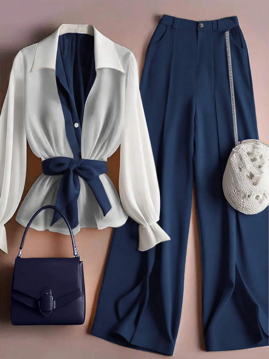 GlowEve 2pcs Set Kemeja dan Celana Wanita Dopamine Modis dan Menyegarkan dengan Kombinasi Warna - Royal Blue - View 1