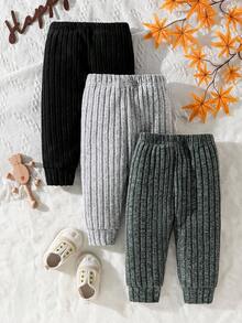 SHEIN 3 pièces Leggings/pantalons pour bébés et tout-petits garçons, style décontracté avec logo de voiture simple, tricot côtelé brossé, couleur unie, convient pour le port quotidien, saison automne/hiver - Multicolore - Voir 2
