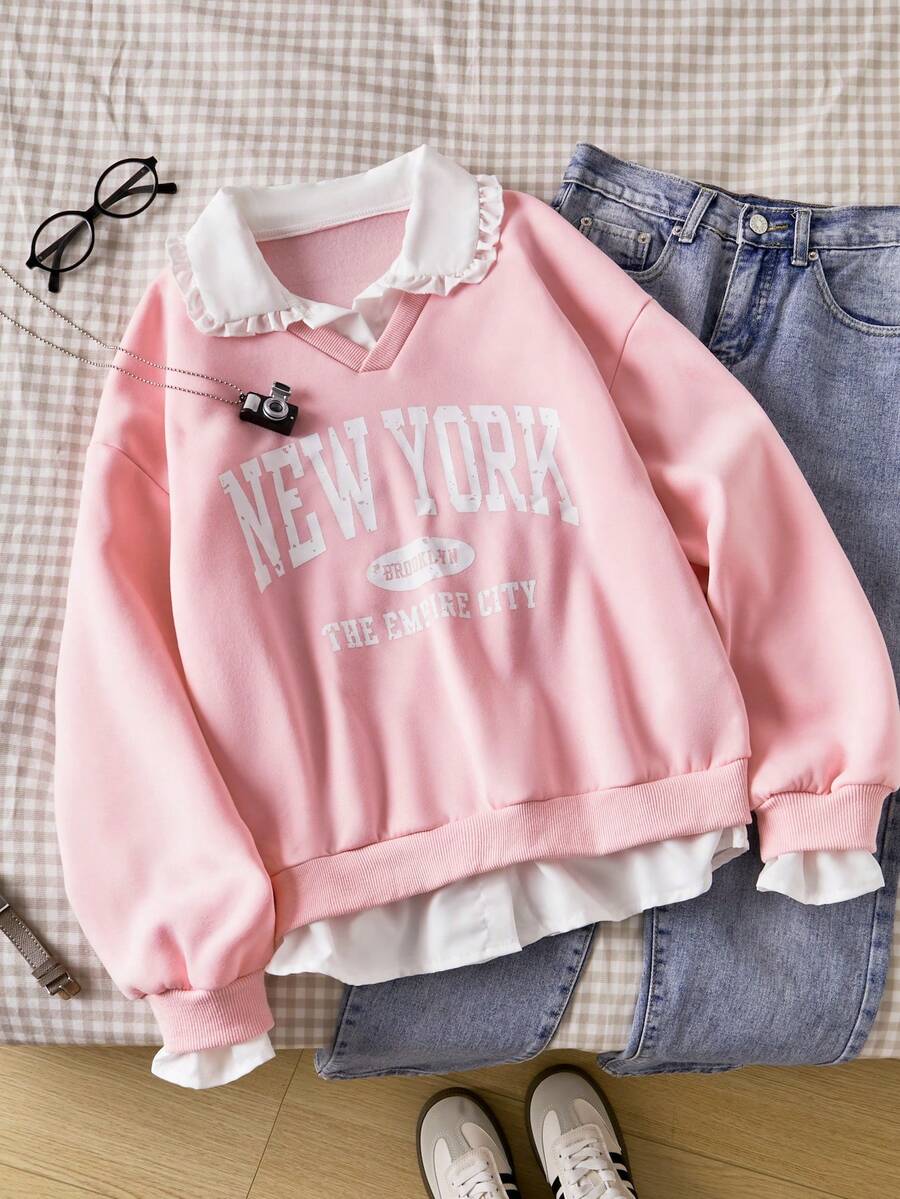 Teen Girls Pink Long Sleeve Sweatshirt,Peter Pan Collar 2 In 1 Design,Y2k Fashionable Casual Versatile For Autumn,Holiday,Back-To-School - Pink - View 1