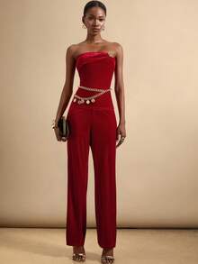 Lyxana Women's Fashionable Burgundy Velvet Bandeau Top Set Women Red Outfit - Burgundy - View 5