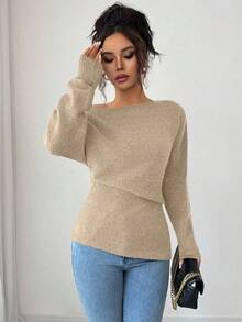 Elenzga Áo len dài tay lệch vai màu trơn thời trang cho nữ, Thu/Đông - Màu be - Xem 5