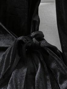 GlowEve 女士纯色时尚V领丝绒系带长袖上衣 - 黑色 - 查看 6