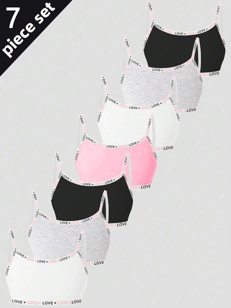 Set da 7 pezzi di canotte in cotone morbido di colore unito con stampa "LOVE" e fiocco, stile casual e minimalista per ragazze - Multicolore - Visualizzare 1