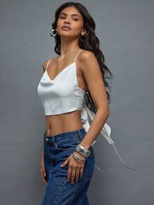 Hauture Ivory Satin Tie Back Top With Rhinestone Shoulder Straps - Sexy Elegant Choice For Night Out - White - View 4