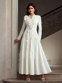 ZEYLAH 女式优雅撞色蕾丝蝴蝶结装饰系带长裙，春秋装 - 白色 - 查看 1