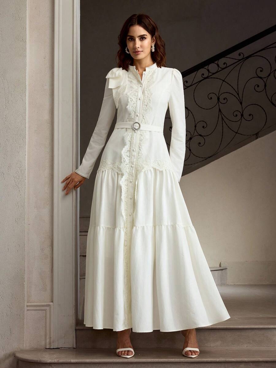 ZEYLAH 女式优雅撞色蕾丝蝴蝶结装饰系带长裙，春秋装 - 白色 - 查看 1