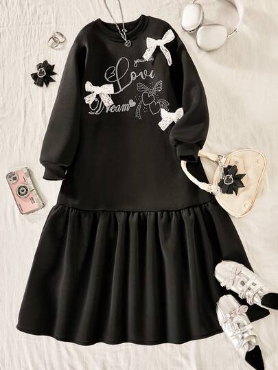 Sparklyn 女童休闲长袖连衣裙，带水钻图案，蕾丝蝴蝶结装饰，适合散步、旅行、购物、度假，可搭配夹克、背心