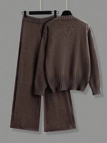 Franclia Women's Solid Color Drop Shoulder Long Sleeve Casual Sweater And Wide Leg Pants 2 Piece Set, Autumn/Winter - Coffee Brown - View 2