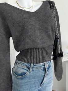 Celisse Women's Solid Color V-Neck Long Sleeve Button Design Casual Sweater, Autumn/Winter - Black and White - View 5
