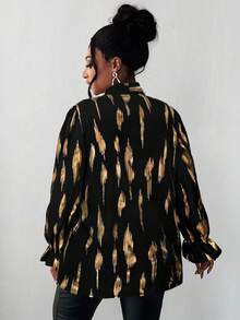 Maweii Plus Size Casual Foil Print Long Sleeve Button-Up Shirt - Black - View 4