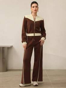 Mulvari 女士休闲时尚羊毛棒球夹克、运动衫和裤子三件套，秋冬 - 棕色 - 查看 6