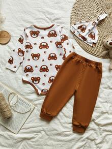 Vintaside Kids 2 件套男婴秋季新款 2025 可爱熊印花翻领长袖连体衣和宽松裤子套装 + 帽子，休闲舒适服装 - 彩色 - 查看 2