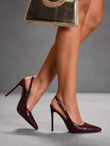 CUCCOO SZL 女士尖头细跟酒红色镜面压纹低帮露跟高跟鞋，简约时尚性感节日派对宴会女士高跟鞋，情人节女士鞋履 - 咖啡棕 - 查看 7