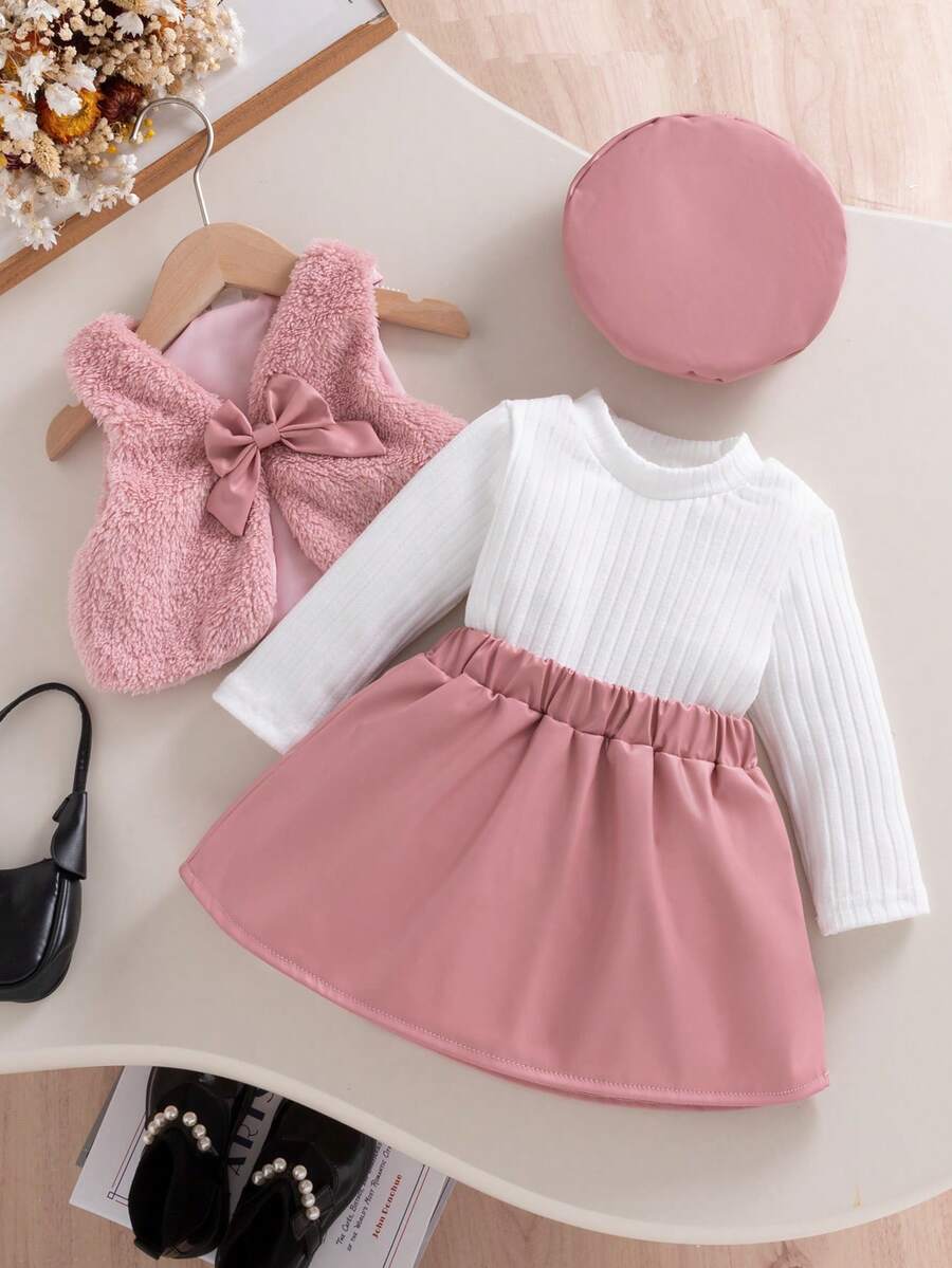 SHEIN 3件套幼儿女孩优雅甜美毛绒裙、贝雷帽，秋冬 - 粉色 - 查看 1