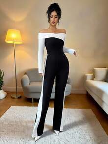 Elenzga Jumpsuit Wanita Minimalis dengan Warna Kontras untuk Pakaian Sehari-hari, Model Off Shoulder - Hitam dan Putih - View 6