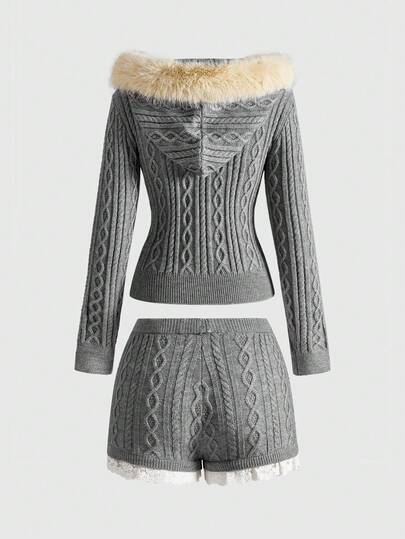 Grunge Punk Ensemble 2 pièces composé d'un cardigan court Y2K avec col en fourrure et mini-shorts ultra taille basse