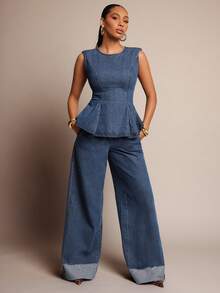 Vixey Fold Over Cuffed Hem Elastic Waistband Wide Leg Jeans - Medium Wash - View 1