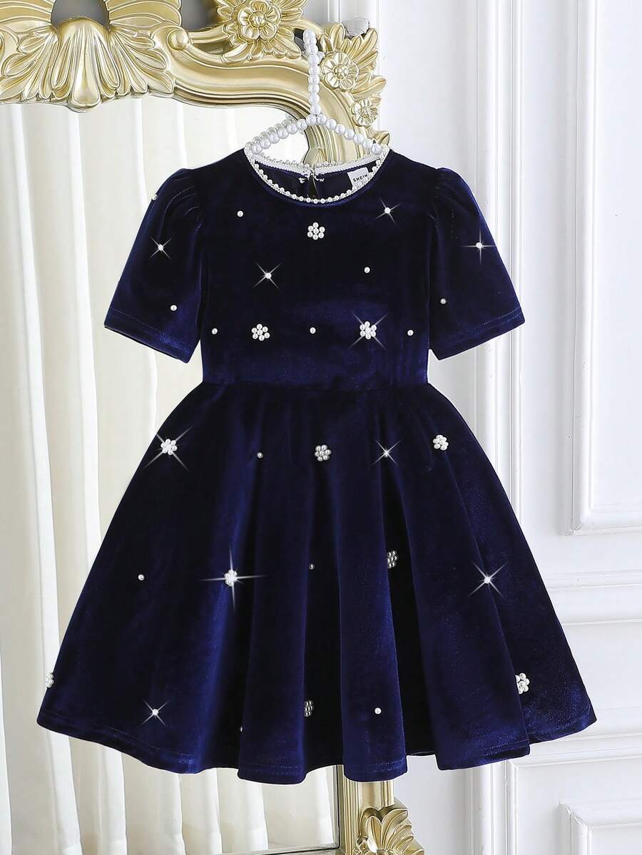Elladie kids 年轻女孩勃艮第天鹅绒泡泡短袖A字连衣裙,珍珠花装饰,珍珠圆领水滴扣,复古宫廷风格,优雅大方,适合圣诞派对,春秋季 - 藍色 - 查看 1