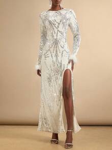 SHEIN Veneréa Women's Sequin Bodycon Dress, Long Sleeve - Beige - View 5