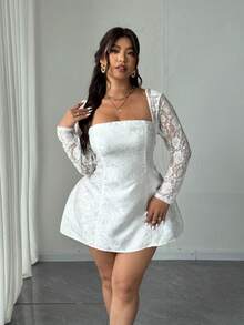 SHEIN CURVE+ Đầm ren tương phản tay dài cổ thiên nga thanh lịch cho nữ cỡ lớn - trắng - Xem 4