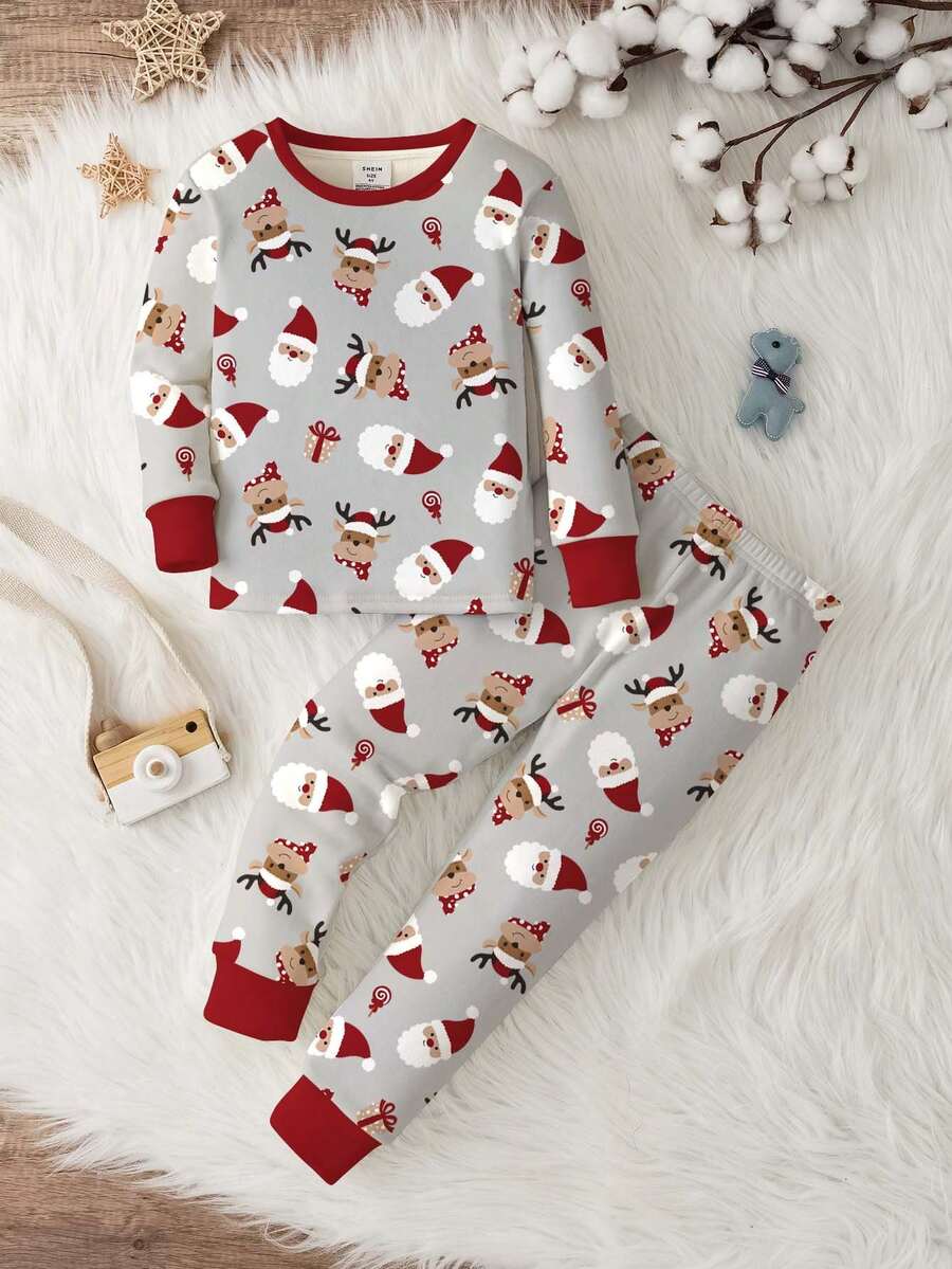 SHEIN 小男孩休闲修身圆领长袖睡衣套装，舒适贴身，适合秋冬季，圣诞节，圣诞老人，圣诞帽，圣诞树，圣诞图案印花 - 彩色 - 查看 1